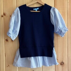 Draper James Navy Pinstripe Puff Sleeve Blouse